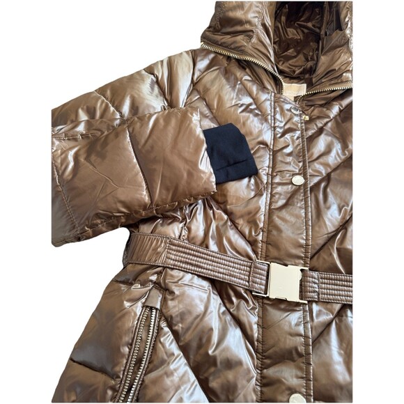 MICHAEL KORS  Women’s Brown Gold Hooded Puffer Belted Jacket Bubble Coat SZ XS - Picture 6 of 11